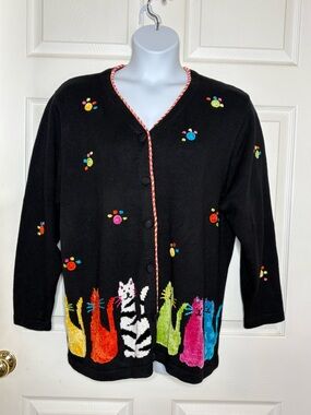 Quacker Factory VTG Kitty Cat Kitten Black Colorful Cardigan Sweater Size 1X